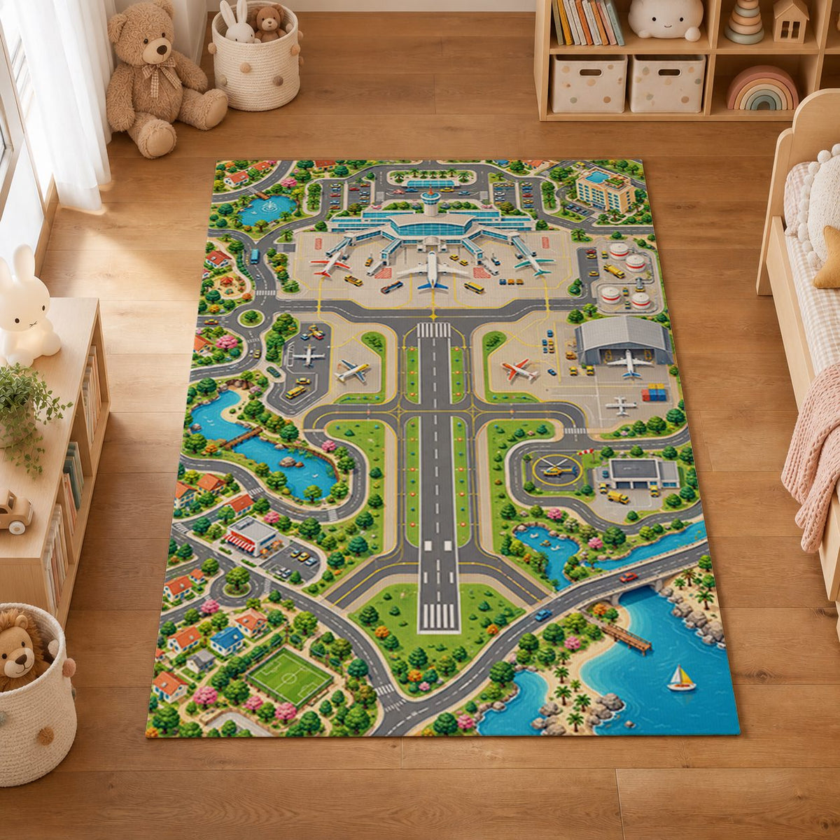MyCity Airport play rug in a playroom, overhead view