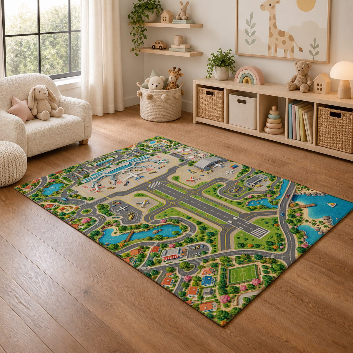 MyCity Airport play rug in a nursery, angled view