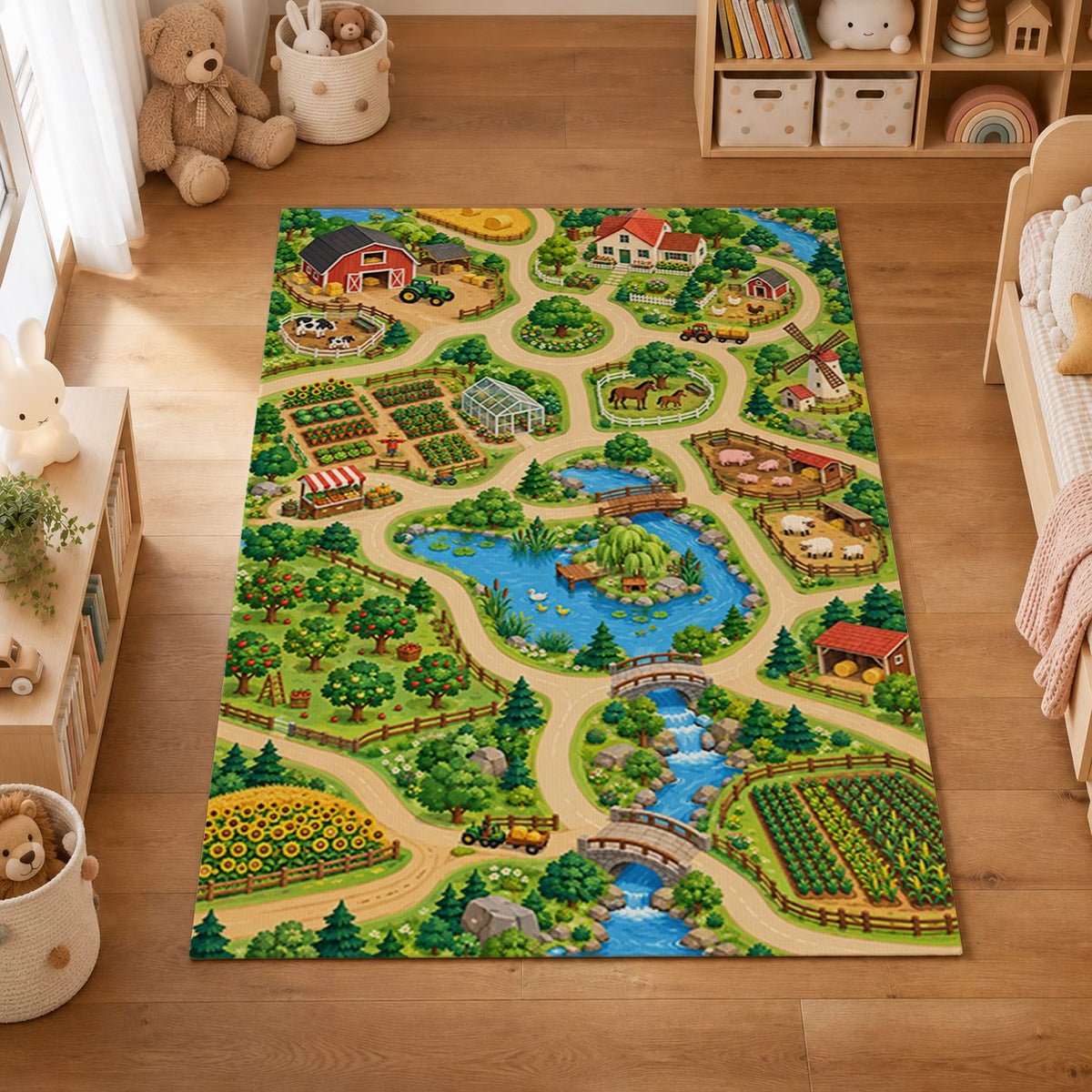 Mycity Farm Play Rug playroom overhead view