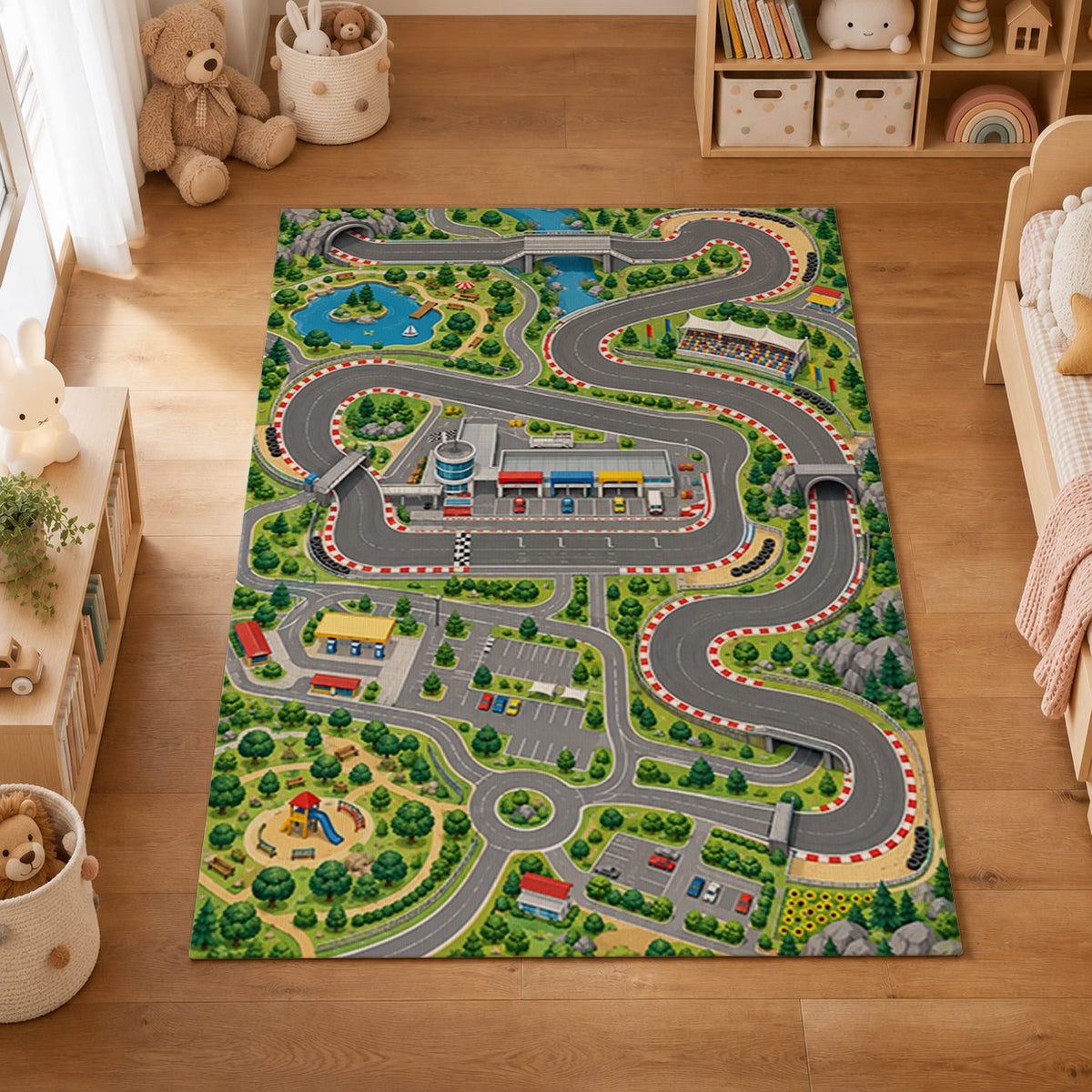 Mycity Race Play Rug playroom overhead view