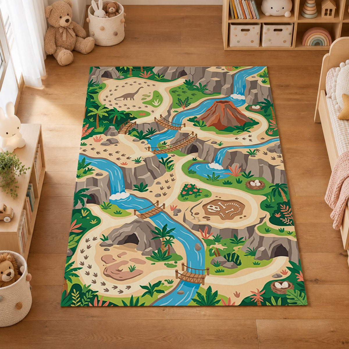 Mystic Dino Play Rug playroom overhead view