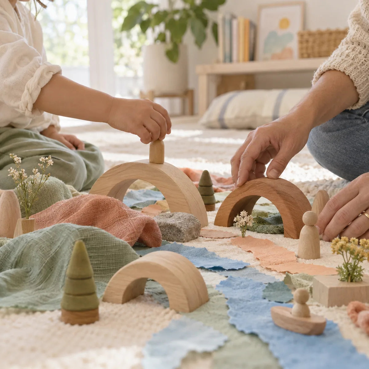 A child and adult building an imaginative play world together